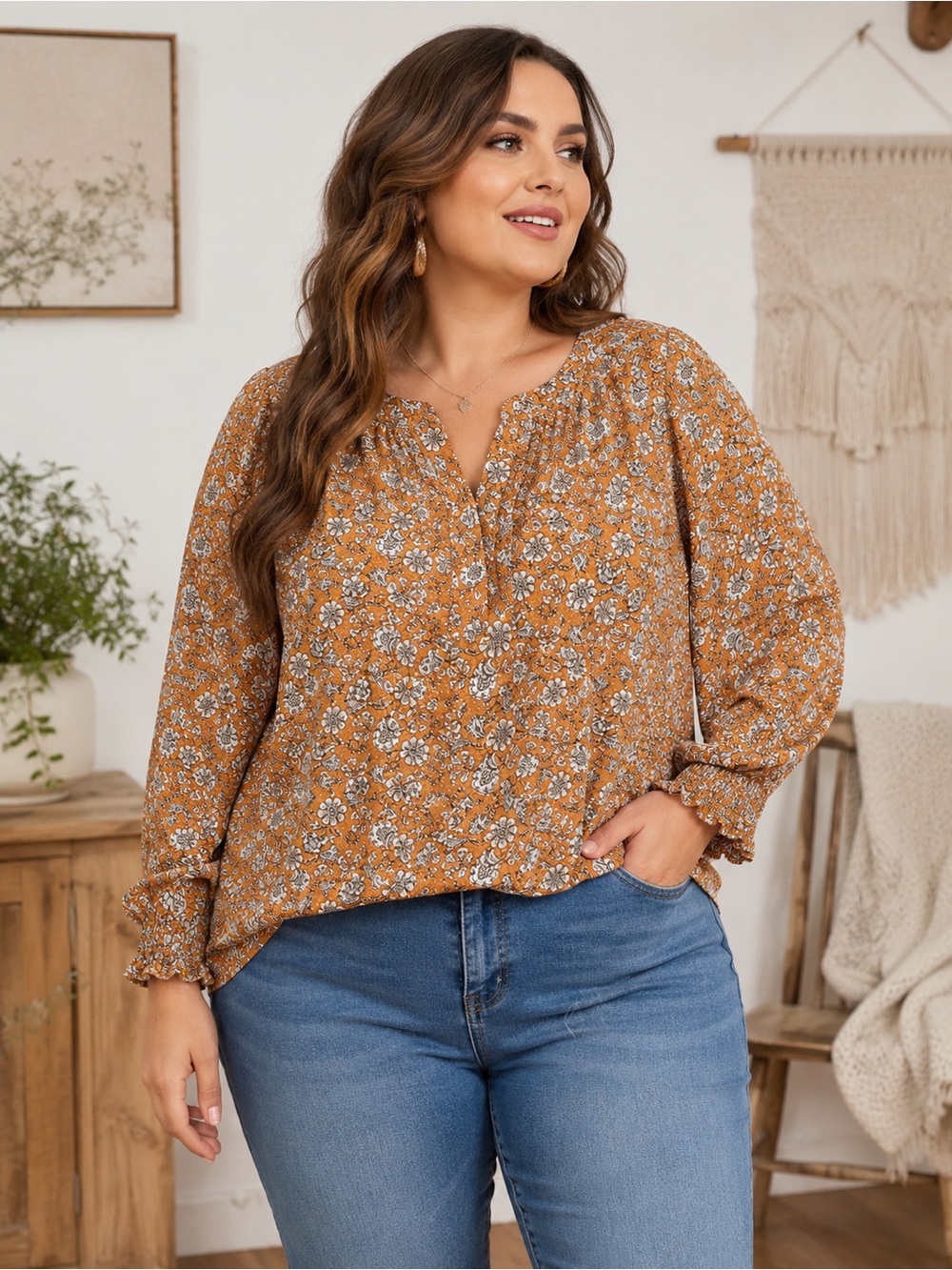 LOFT Plus Floral Peasant Blouse Women's 1X Orange Smocked Cuff Boho Top
